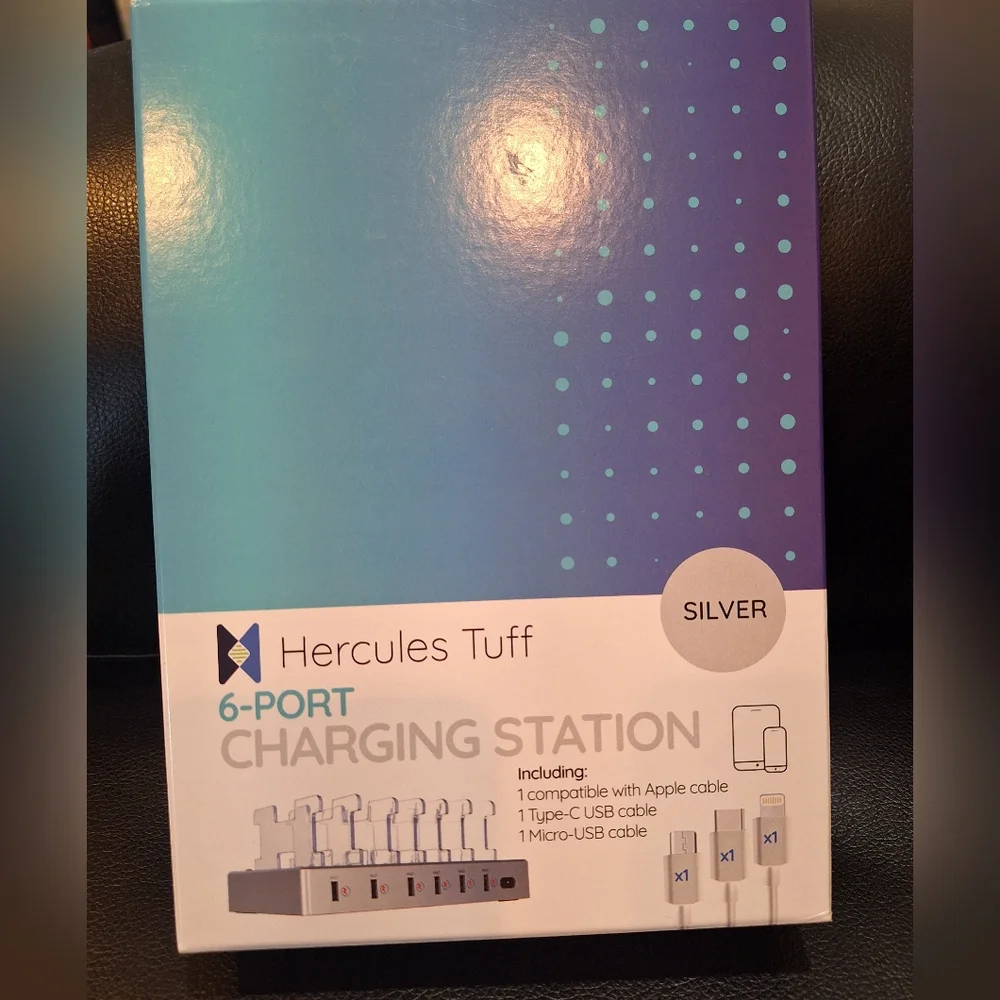 Hercules Tuff 6 Port Charging Station Apple Cable, Type C USB & Micro USB NEW